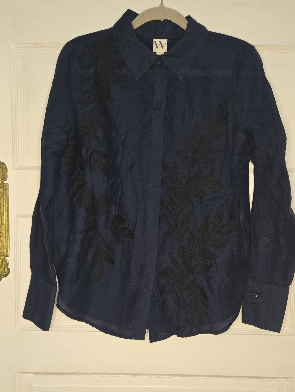 Worthington Navy Blue Button-Down Shirt with Black Leaf Embroidery Small_145